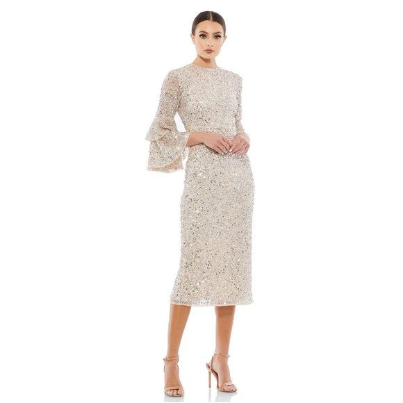 Mac Duggal Dresses & Skirts - NWT Mac Duggal Fully Sequined Ruffle Tiered 3/4 Sleeve Midi Dress Nude 8 #A0081